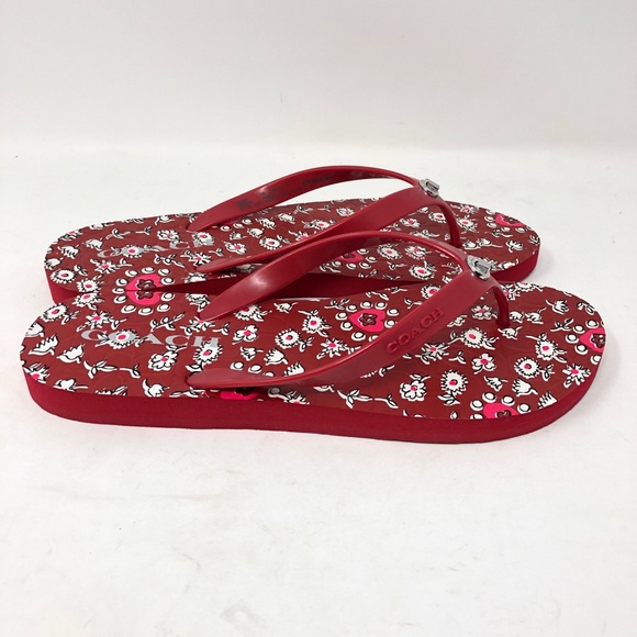 Coach Abbigail Flip Flops Sandals Red Floral 9 - Picture 4 of 8